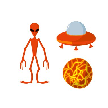 Set alien and UFO. Space planet. Vector illustration.