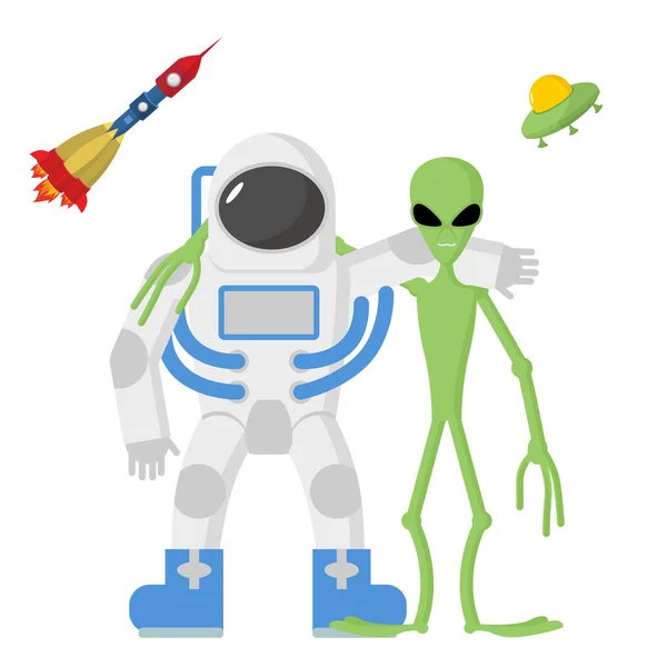 Astronauta e amigos alienígenas em um fundo branco. Ilustre vetor —  Vetores de Stock