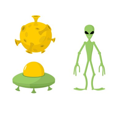 Set green alien and UFO, Moon. Vector illustration.