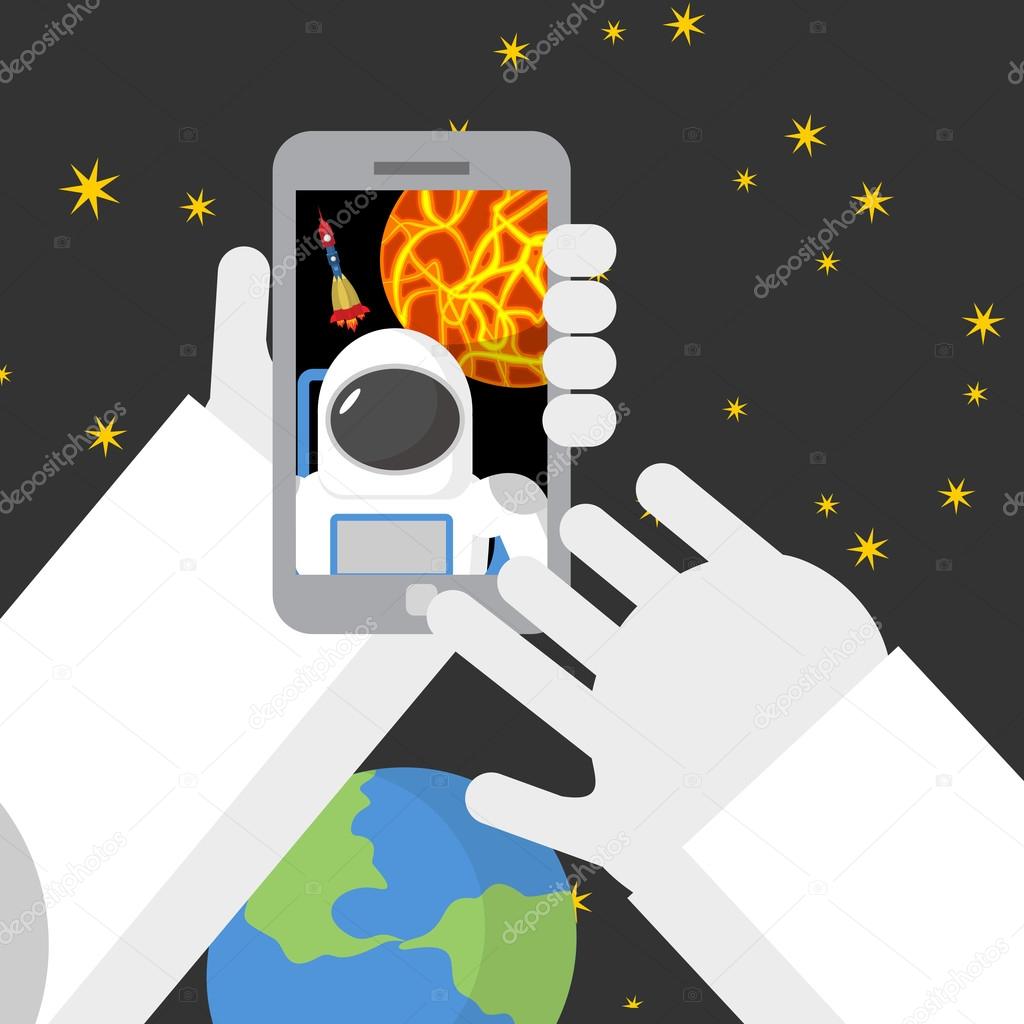 Selfie in space. Astronaut photographed myself on phone against 