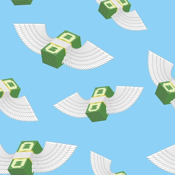 Winged money seamless pattern. Cash in  blue sky. Vector backgro — Wektor stockowy