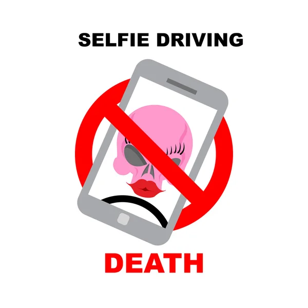 Sign  ban on selfie. Strikethrough phone with skull. Selfie driv — Stock Vector