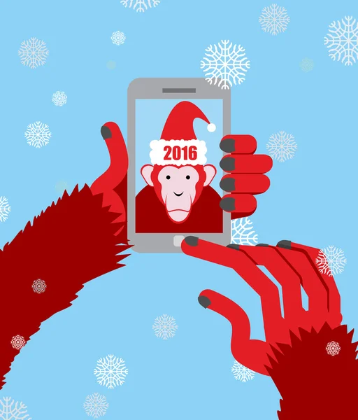 Yeni yıl selfie. Maymun Noel Baba yapar bir resmi bir Sm için kapşonlu. — Stok Vektör