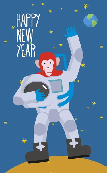 Astronauta del Mono Rojo saludando con la mano. Feliz año nuevo. Chimpancés en — Vector de stock