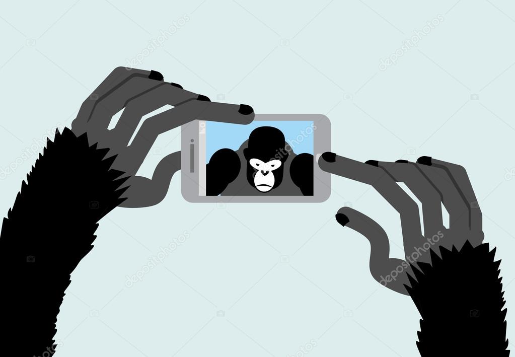 Selfie Monkey. Black Gorilla photographs. Animal and a Smartphon