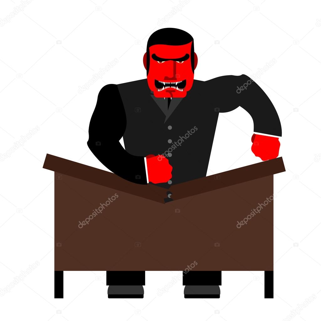 Big boss broke a table. Red  Businessman as loud in Office. Vect