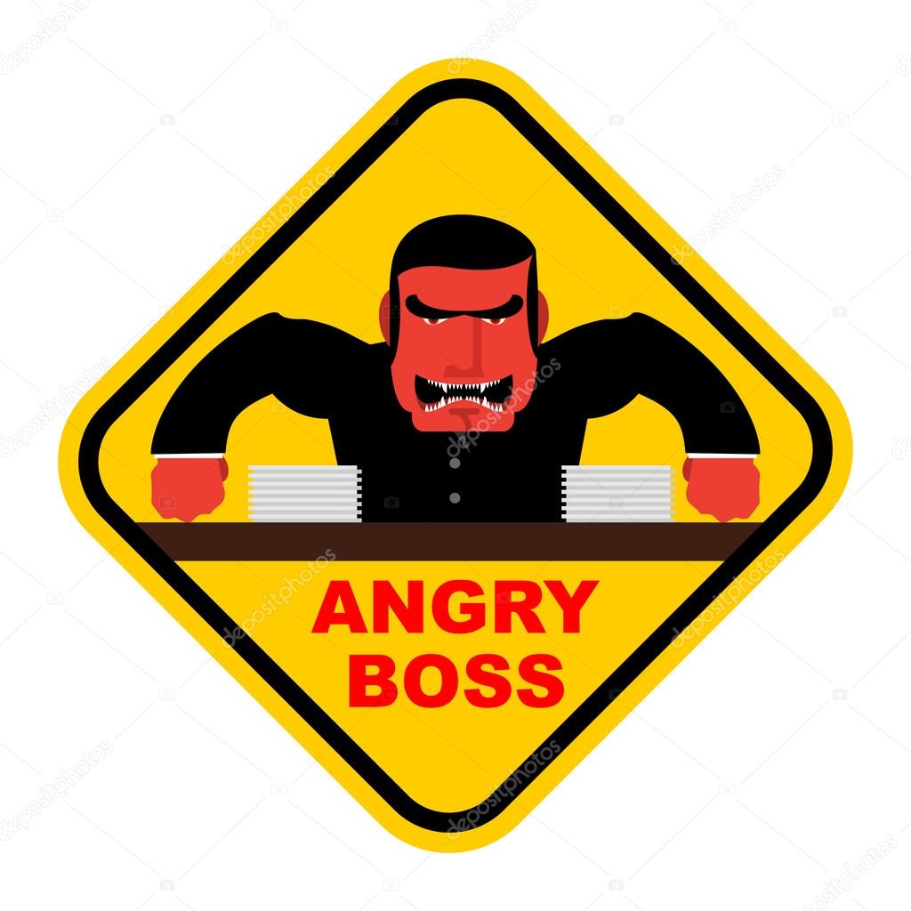 Danger angry boss. Aggressive head screams. Red businessman at t