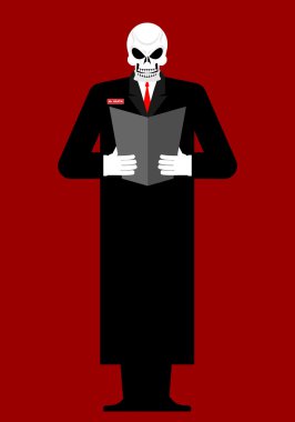 Mr Death. Skeleton in a black cloak. Reads last will and Testame