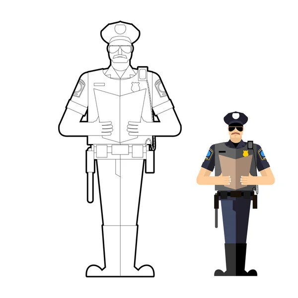 Libro para colorear policía. Oficial de policía trabajando. Vector ilustra — Archivo Imágenes Vectoriales