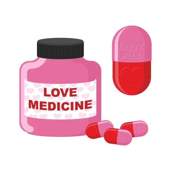 Me encanta la medicina. Botella con pastillas de amor. Vector ilustración de — Vector de stock