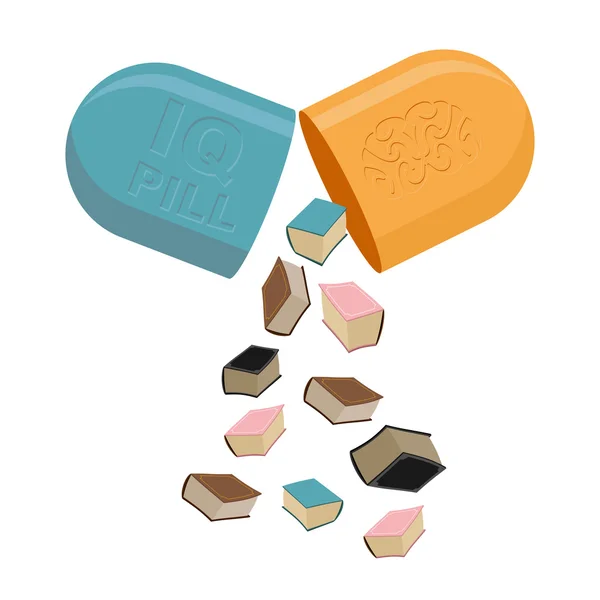 Pastillas para la mente. Medicamentos para aumentar el coeficiente intelectual. Libros en Tablet. Vect. — Vector de stock