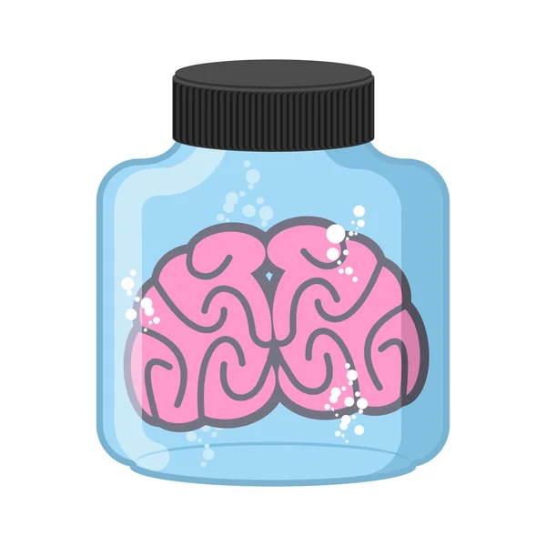 Cerebro con frascos. Bombilla de vidrio de laboratorio con órgano humano. Vecto. — Vector de stock