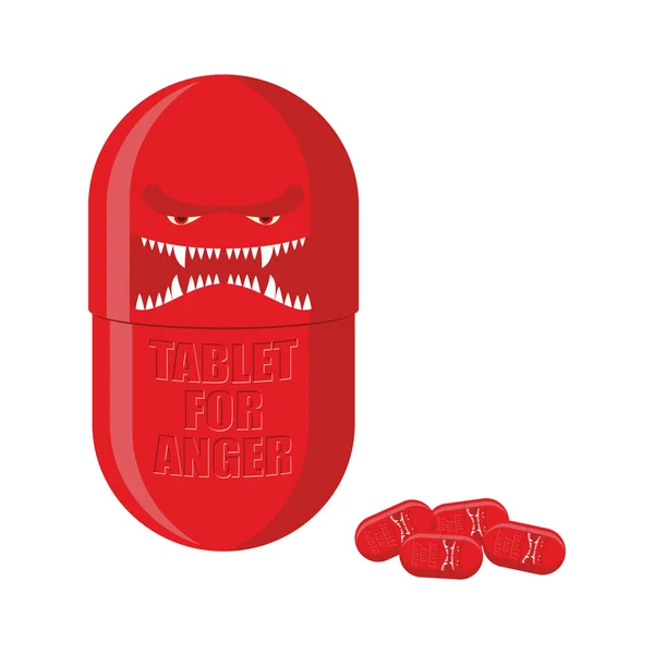 Pill of anger. Red Tablet with a scary face. Medicine with for f — Stock Vector