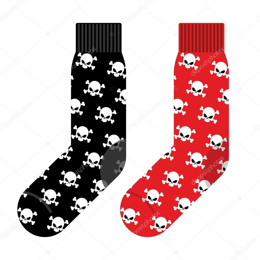 Black and Red socks with skull. Vector illustration accessories 