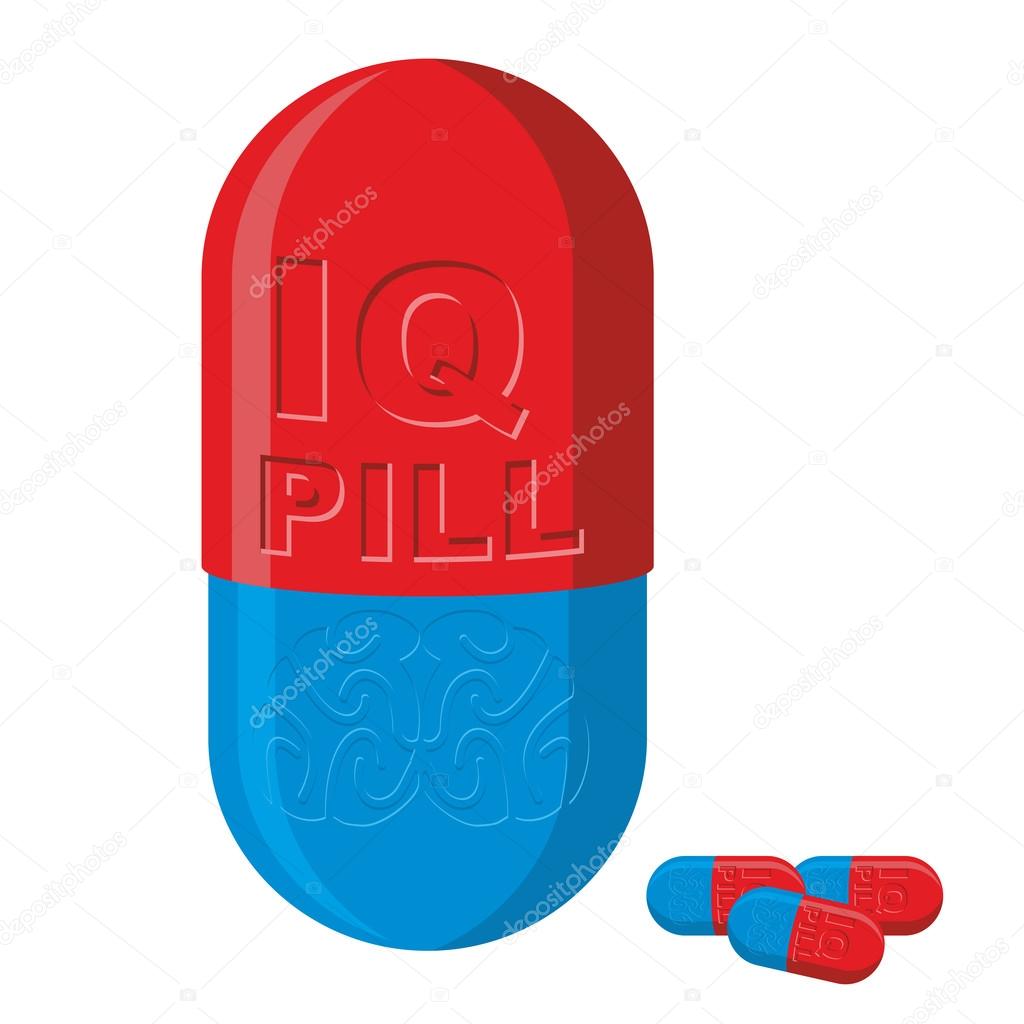 Tablet with brains. Pill IQ. Medical product vector illustration