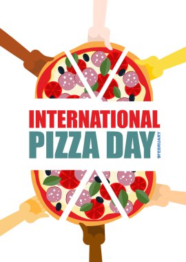 International pizza day. Hand hold pieces of pizza. Vector illus