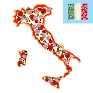Pizza in shape of a map of Italy. Ingredients: sausage, cheese a