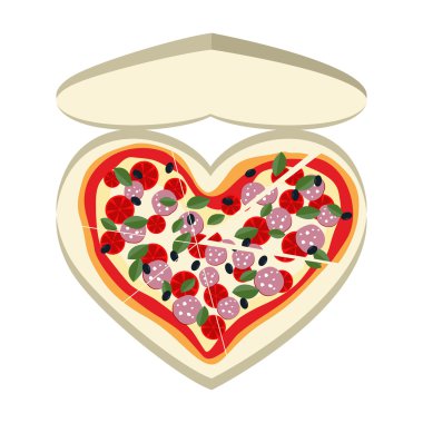 Pizza as a symbol of  heart. In a paper box. Vector illustration