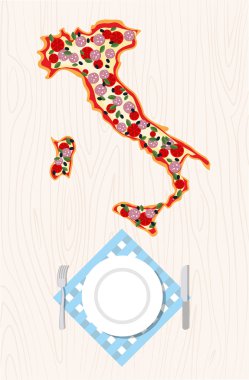Top view of Italian pizza in shape of a map of Italy on a wooden