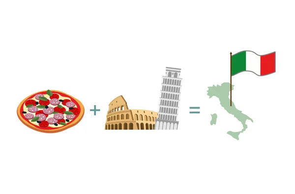 Atracciones de pizza y personajes italianos. Mapa y bandera de Italia — Vector de stock