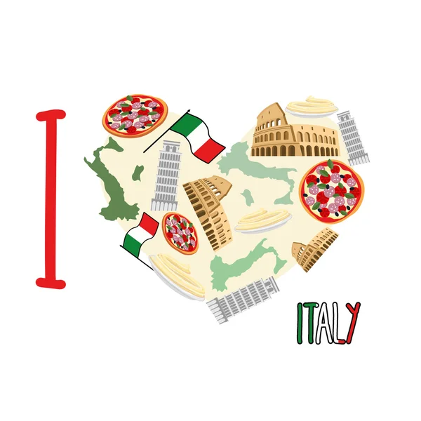 Me encanta Italia. Símbolo corazón de las atracciones de Italia: pizza y — Vector de stock