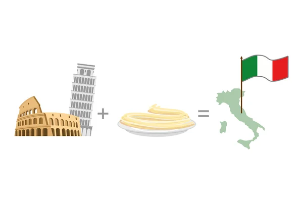 Colosseum and  leaning tower of Pisa plus pasta (Spaghetti). Sym — ストックベクタ