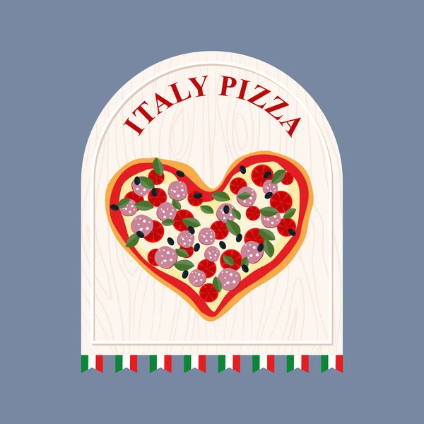 Pizza in Italy. Pizza in  shape of a heart. Sign for Italian caf — Stockový vektor
