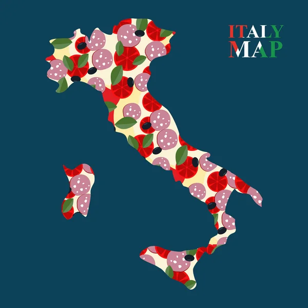 Carte Italie silhouette avec ingrédients pour pizza : fromage et toma — Image vectorielle