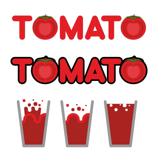 Sok pomidorowy. Zestaw filiżanek i kubków z soku pomidorowego. Litery — Wektor stockowy