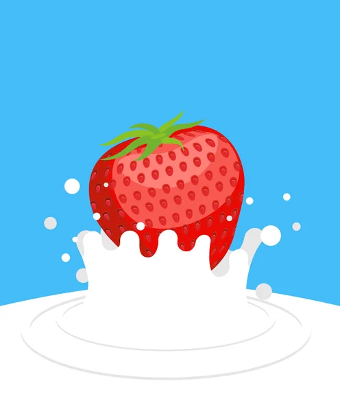 Red ripe strawberry drops in fresh milk on a blue background. Sp — Stock Vector