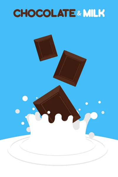 Pieces of chocolate fall in milk. Splash of milk on a blue backg — Stok Vektör