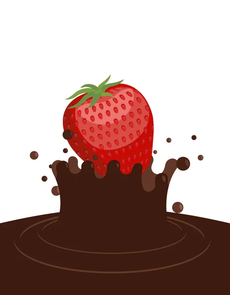 Red ripe strawberry drops in liquid hot chocolate. Splashes of c — Stock Vector