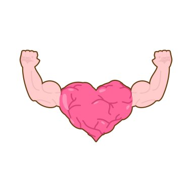 Heart strong with powerful hands. Pink heart-bodybuilder with hu