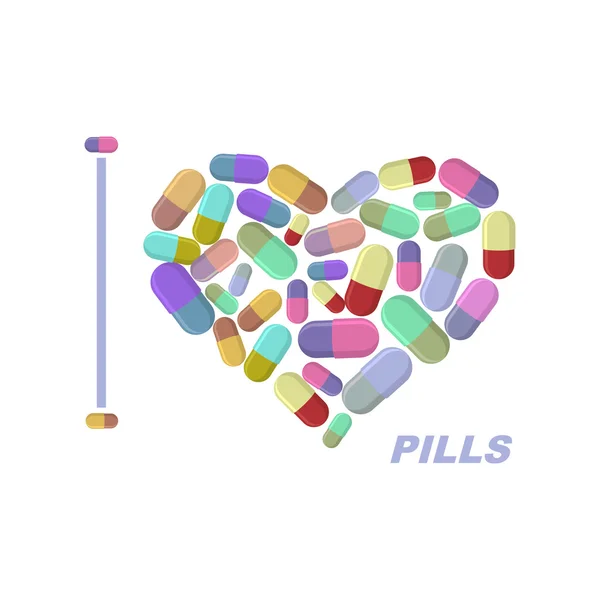 I love pills. Heart symbol of medicine. Vector illustration medi — ストックベクタ