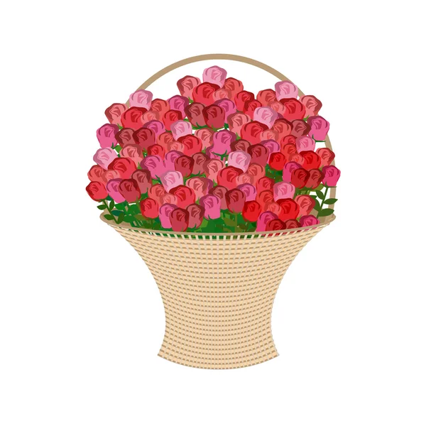 Basket of flowers on a white background. Large basket of red ros — Stock Vector