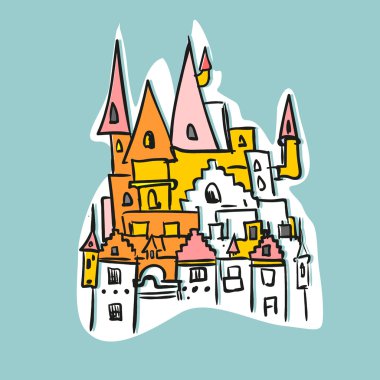 Sketch Royal Castle with towers. Historical fantasy building.