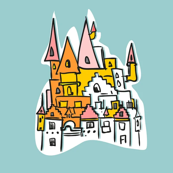 Sketch Royal Castle with towers. Historical fantasy building.