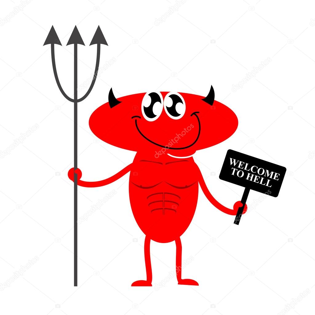 Welcome To Hell Cute Red Devil Holding A Sign And Trident Devi Stock Vector Image By C Popaukropa