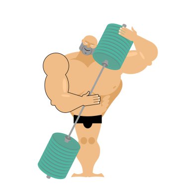 Bodybuilder loves a barbell. Athlete hugs sports accessory. Diff