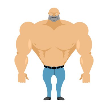 Strong man bare-chested in blue jeans. Athletic body with huge m