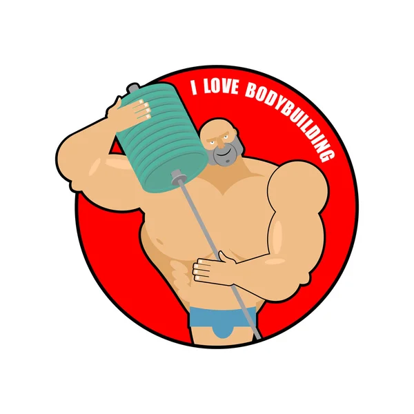 Adoro il bodybuilding. Grande uomo forte abbraccia atletico bilanciere. Logo — Vettoriale Stock