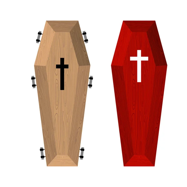 Set of coffins. Red beautiful expensive coffin and a wooden coff — Stock Vector