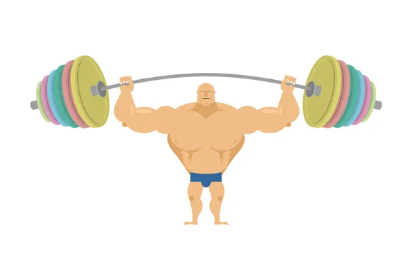 Bodybuilder raises sports barbell with colored discs. Bench pres — Stock Vector