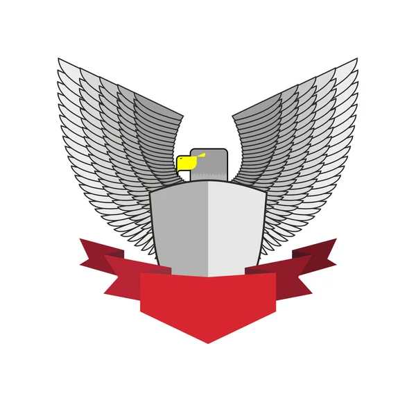 Falcão Branco com escudo e fita vermelha. Pássaro e escudo heráldico — Vetor de Stock