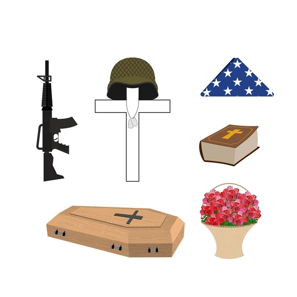 Set for burial of the soldier. Military funerals. Helmet on cros — Stock Vector
