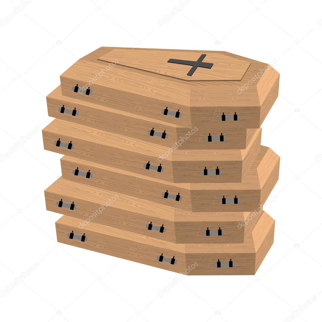 pile of coffins. Many coffins for dead. Vector illustration of s