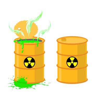 Barrel of acid. Vector illustration open drums with dangerous gr