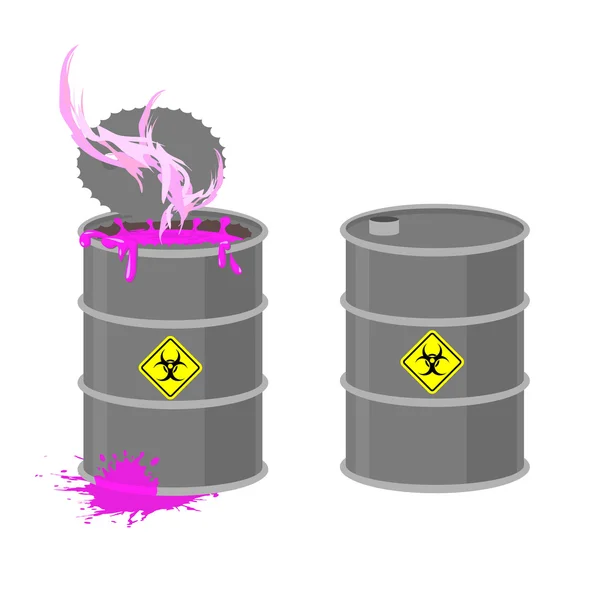 Barrel with Biohazard. Grey barrel with pink radioactive liquid. — Stock Vector