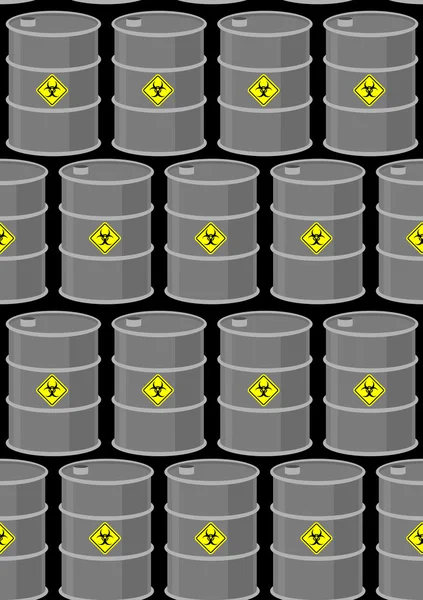 Barrel with biohazard seamless pattern. Gray metal drums on a bl — ストックベクタ