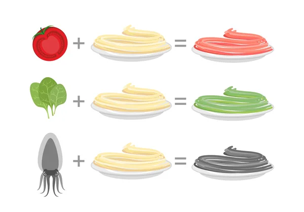 Massa colorida variada. Espaguete e pasta verde-espinafre. Espátula — Vetor de Stock